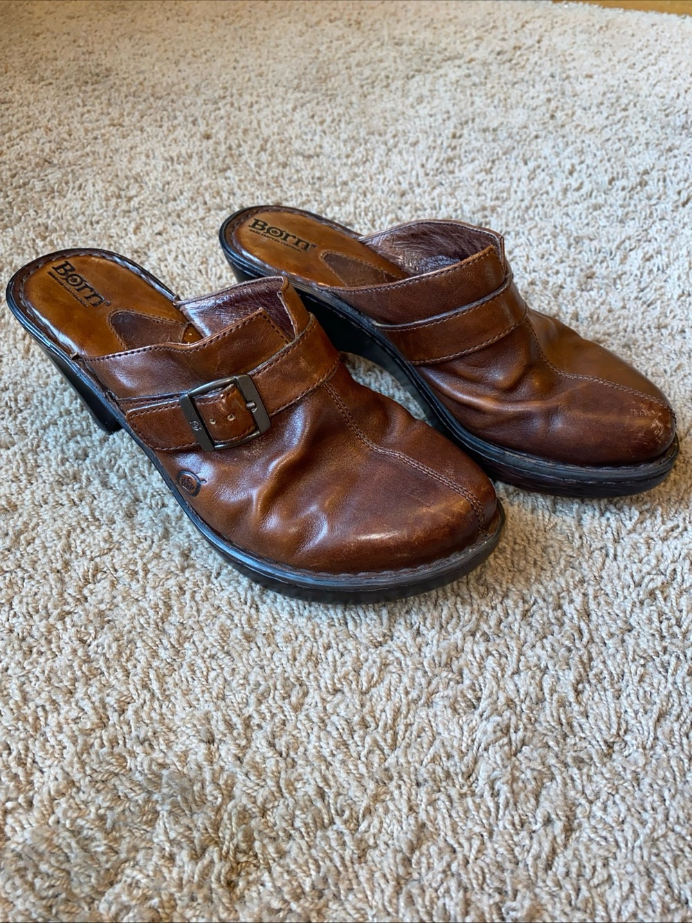 Boc Born Concept Brown Leather Mules Size 9 Slip On Clog Shoes Heels Boho Classy